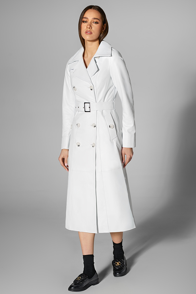 Trench de piele naturala, Alb, Carolina Design